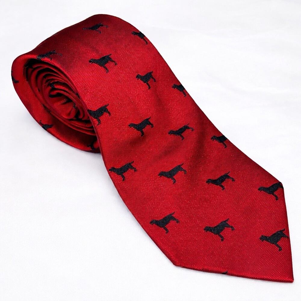 Southern Proper NeckTie Men’s Red AOP Black Lab Dog Pattern 100% Silk Preppy Dad